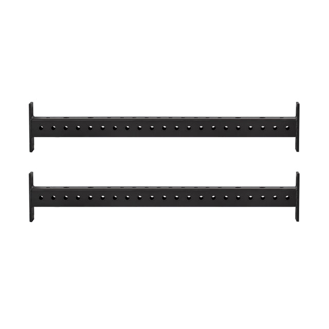 Two Bells of Steel Hydra Crossmembers, black metal bars with evenly spaced holes and flat vertical end brackets for mounting, are shown parallel and aligned on a plain white background.