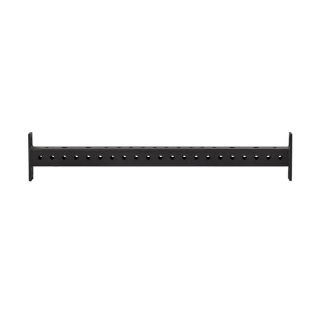 The Bells of Steel Hydra Crossmembers are black metal bars with evenly spaced holes and two perpendicular end brackets, ideal as sturdy support brackets or for attaching 3x3 rack attachments in fitness setups.