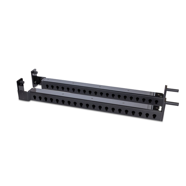 The Bells of Steel Flip-Down Safeties are black metal rackmount accessories with two horizontal rows and mounting brackets, designed for organizing and securing gym equipment in a power rack to enhance training safety.
