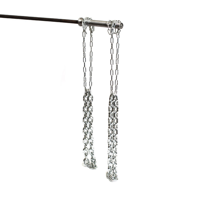 The Bells of Steel Weightlifting Chain Sets feature two zinc-plated chains with thicker, looped ends, suspended from a sturdy metal bar against a plain white background.