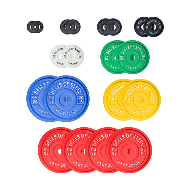 The Bells of Steel Calibrated Powerlifting Plates - KG Sets, designed to meet IPF specs, are arranged on a white background. The plates range in color and size: smaller black plates at the top followed by white, green, blue, yellow, and larger red plates.