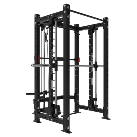 The Bells of Steel USA Smith Machine Rack With Lat Pulldown - Hydra (3" x 3", ⅝" holes) features adjustable bars, safety pins, plate holders, pulley and Smith machine attachments—ideal for versatile strength training at home.