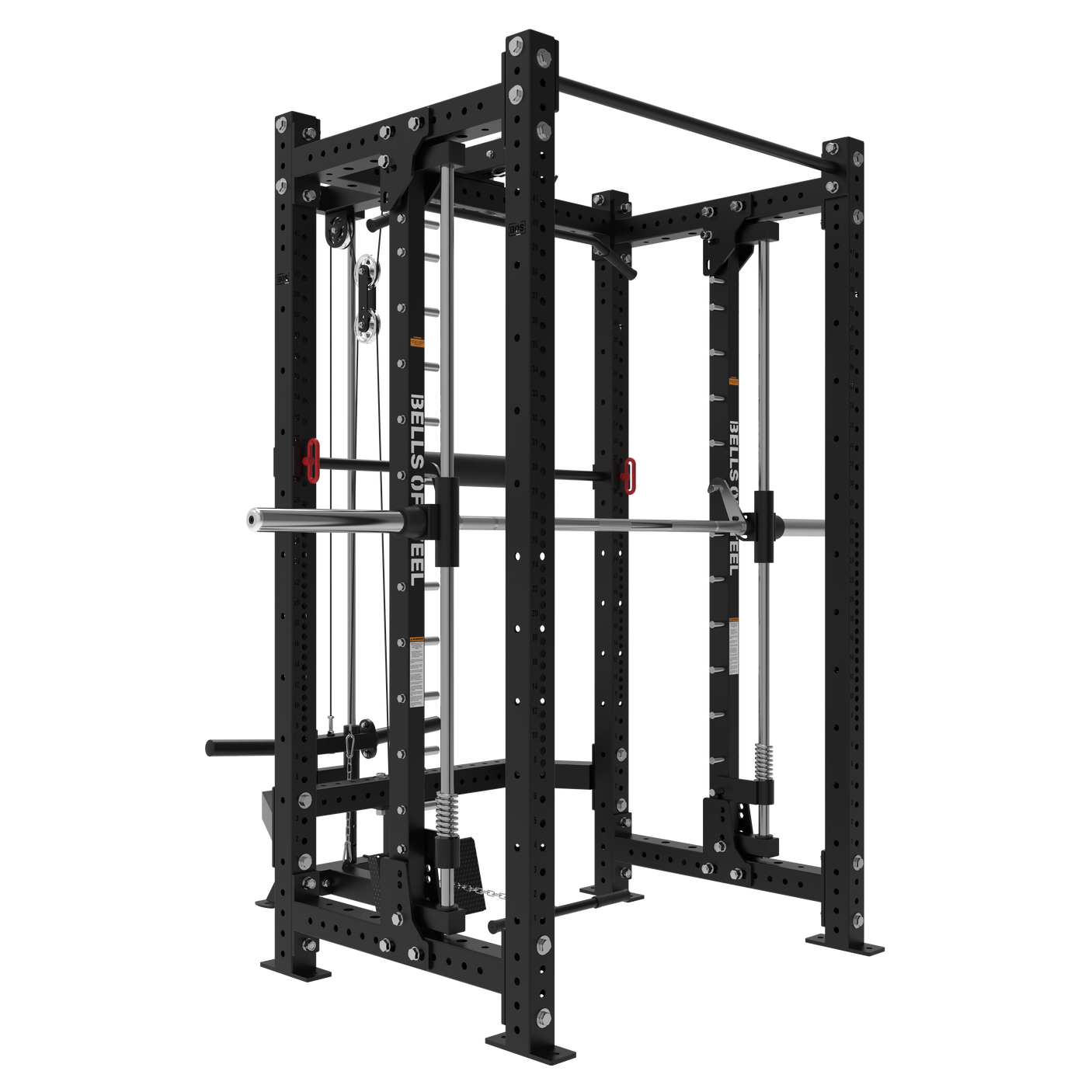 The Bells of Steel USA Smith Machine Rack With Lat Pulldown - Hydra (3" x 3", ⅝" holes) features adjustable bars, safety pins, plate holders, pulley and Smith machine attachments—ideal for versatile strength training at home.