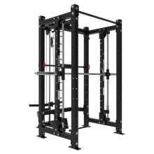 The Bells of Steel USA Smith Machine Rack With Lat Pulldown - Hydra (3" x 3", ⅝" holes) features adjustable bars, safety pins, plate holders, pulley and Smith machine attachments—ideal for versatile strength training at home.