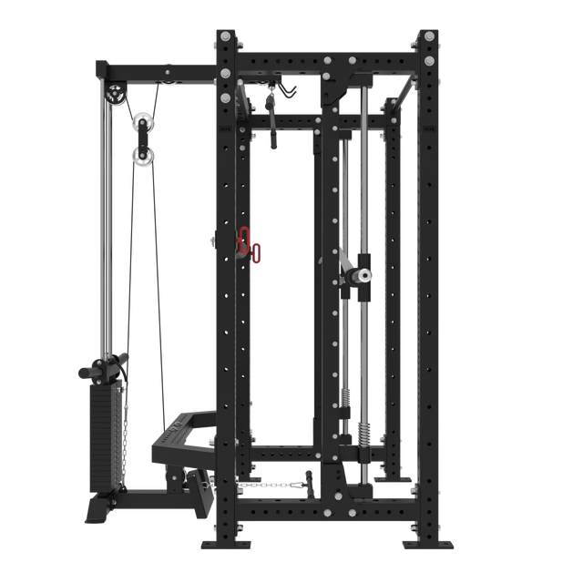 The Bells of Steel USA Smith Machine Rack With Lat Pulldown - Hydra (3" x 3", ⅝" Holes) is a black metal home gym rack with cable pulley, pull-up bar, bench, weight plate holders, and Smith machine for versatile strength training.