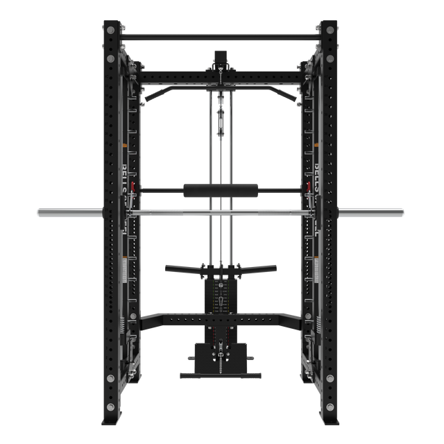 The Bells of Steel USA Smith Machine Rack With Lat Pulldown - Hydra (3" x 3", ⅝" Holes) is a black multifunctional power rack with barbell, pulleys, and Smith Machine attachment for home gym strength training, shown from the front on a white background.