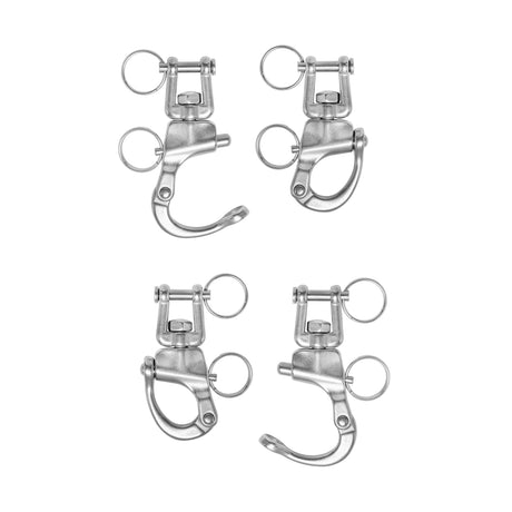 Four Swivel Shackles by Bells of Steel USA are displayed in two rows of two, resembling gym gear essentials. Equipped with spring-loaded clasps and circular rings, they're ideal for secure fastening. The shackle set is pictured against a plain white background, similar to cable machine components.