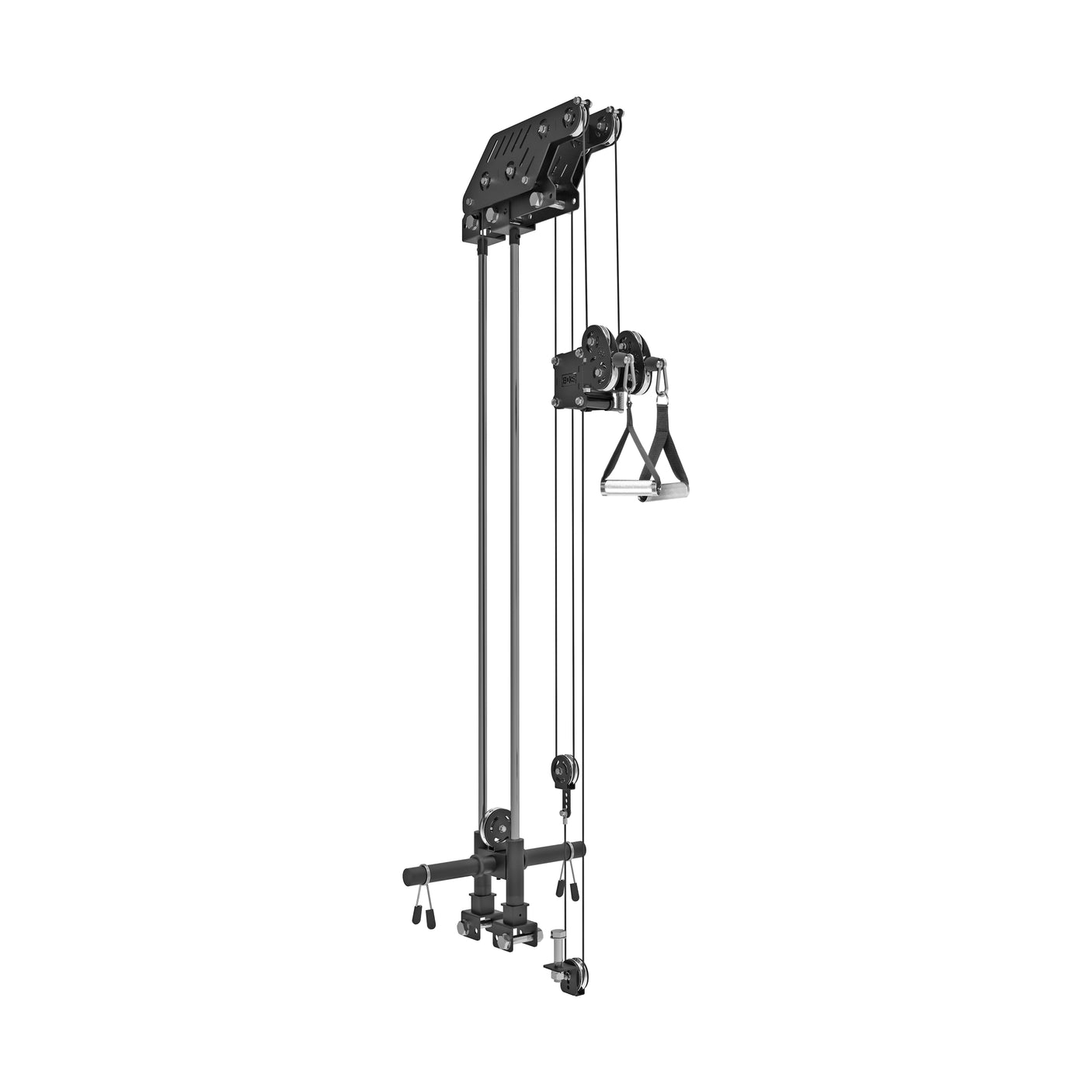 The Bells of Steel Kraken Rack Attachment for 4 Post Hydra & Manticore Racks (Single Side) is a black cable system with pulleys for wall mounting, featuring a handle attachment ideal for upper body exercises.