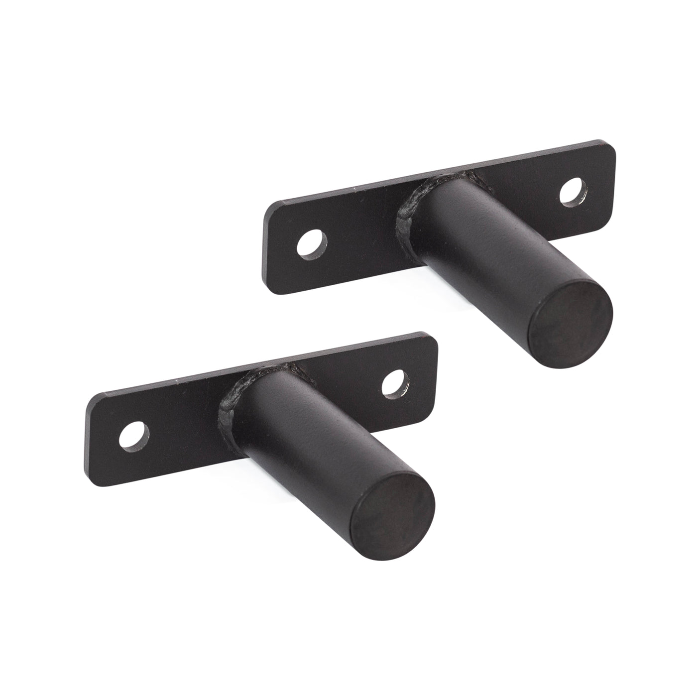 Bells of Steel Bolt-On Plate Pegs: two black metal rack-mountable pegs with round arms and rectangular bases, each base with two mounting holes. Ideal for organizing Olympic weight plates; brackets shown side by side on a white background.