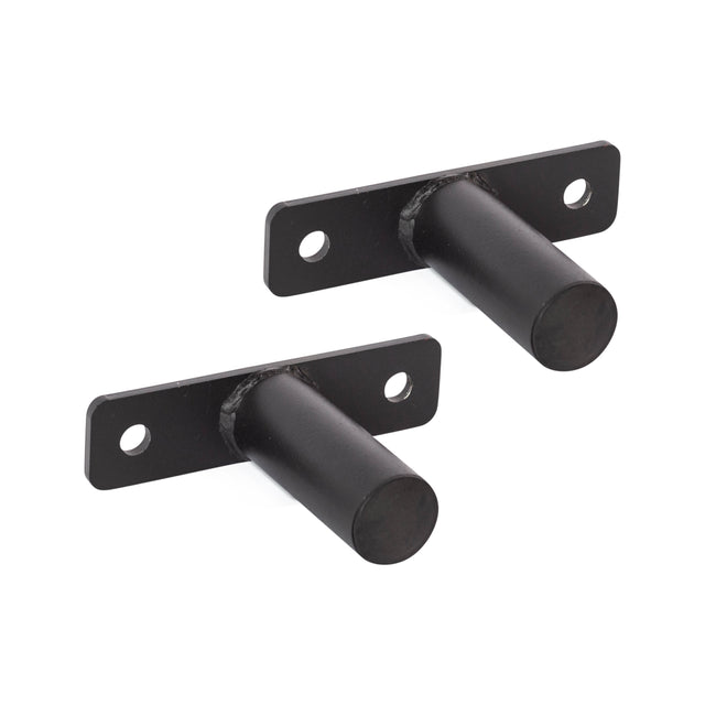 Bells of Steel Bolt-On Plate Pegs: two black metal rack-mountable pegs with round arms and rectangular bases, each base with two mounting holes. Ideal for organizing Olympic weight plates; brackets shown side by side on a white background.