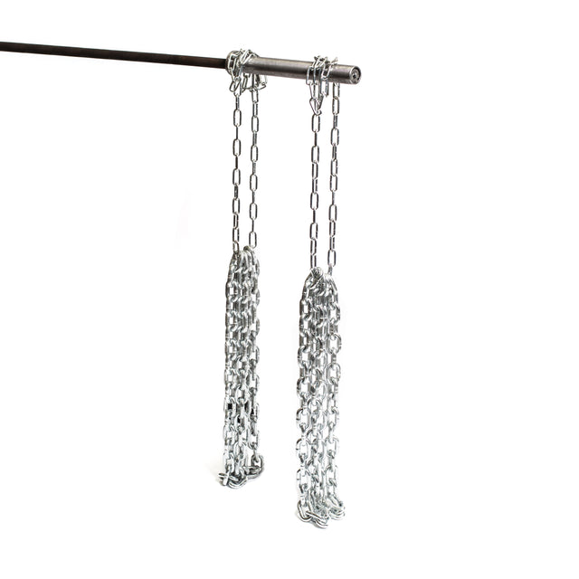 Two Bells of Steel Weightlifting Chain Sets hang from a horizontal metal rod against a plain white background, highlighting their rust-resistant zinc-plated finish and durable construction.