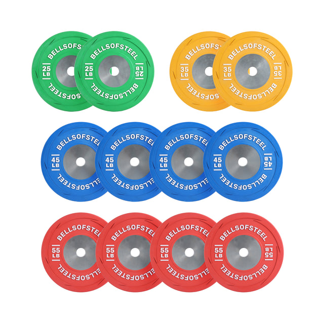 The Boltless LB Competition Bumper Plate Sets by Bells of Steel USA include two green 25 lb, two yellow 35 lb, four blue 45 lb, and four red 55 lb plates—perfect for Olympic lifting and organized by color for easy identification.