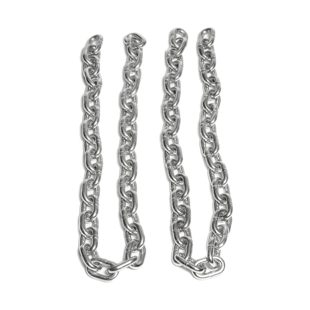 Three Bells of Steel Weightlifting Chains are laid out vertically side by side on a white background. The chains, showing visible links and a shiny finish, are slightly uneven in length.