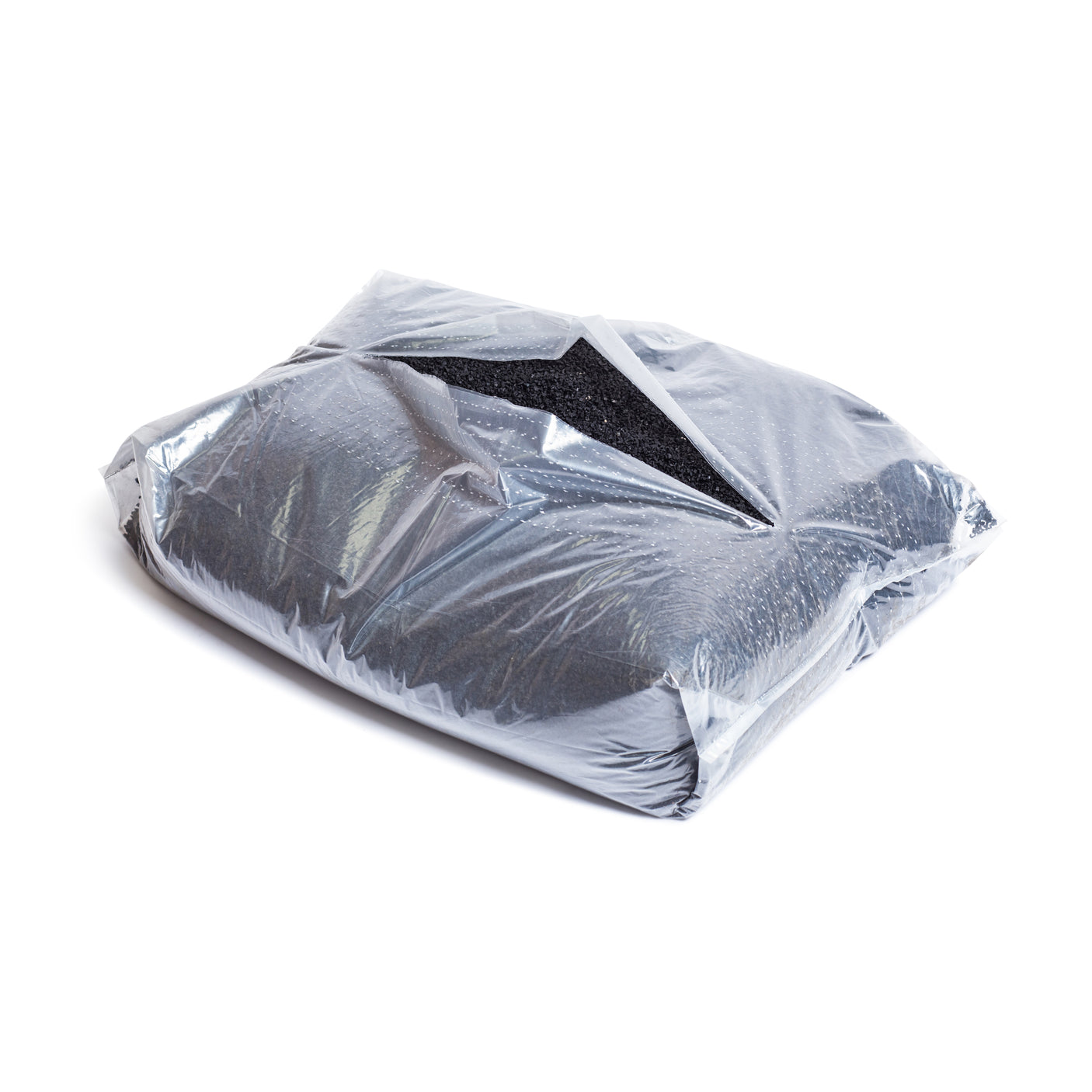 A 40lb bag of granular Recycled Tire Rubber Crumb Filler by Bells of Steel sits partially open on a white background—ideal as sandbag filler and made from recycled tires.