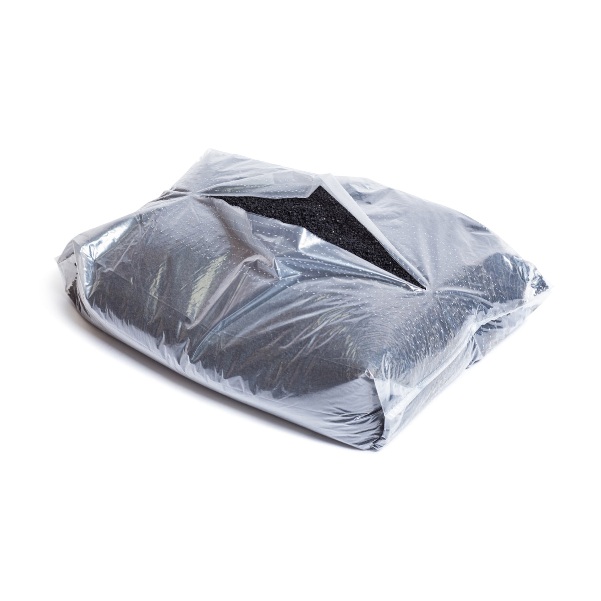 A 40lb bag of granular Recycled Tire Rubber Crumb Filler by Bells of Steel sits partially open on a white background—ideal as sandbag filler and made from recycled tires.