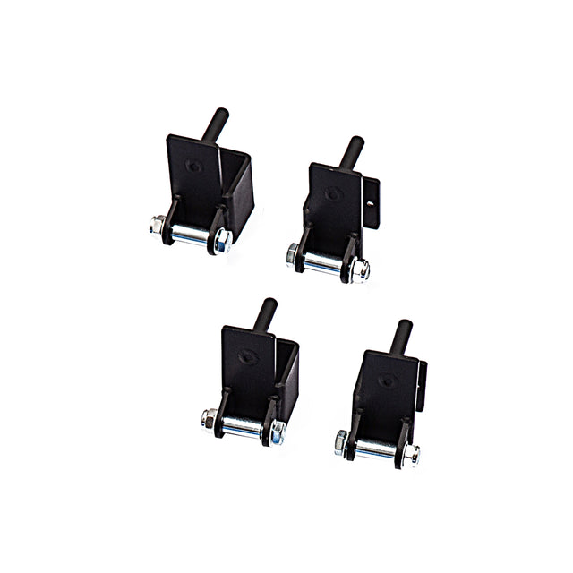 Four Bells of Steel Safety Strap Connectors—black metal brackets with bolts and cylindrical pins—are arranged on a white background, designed for power rack training safety.