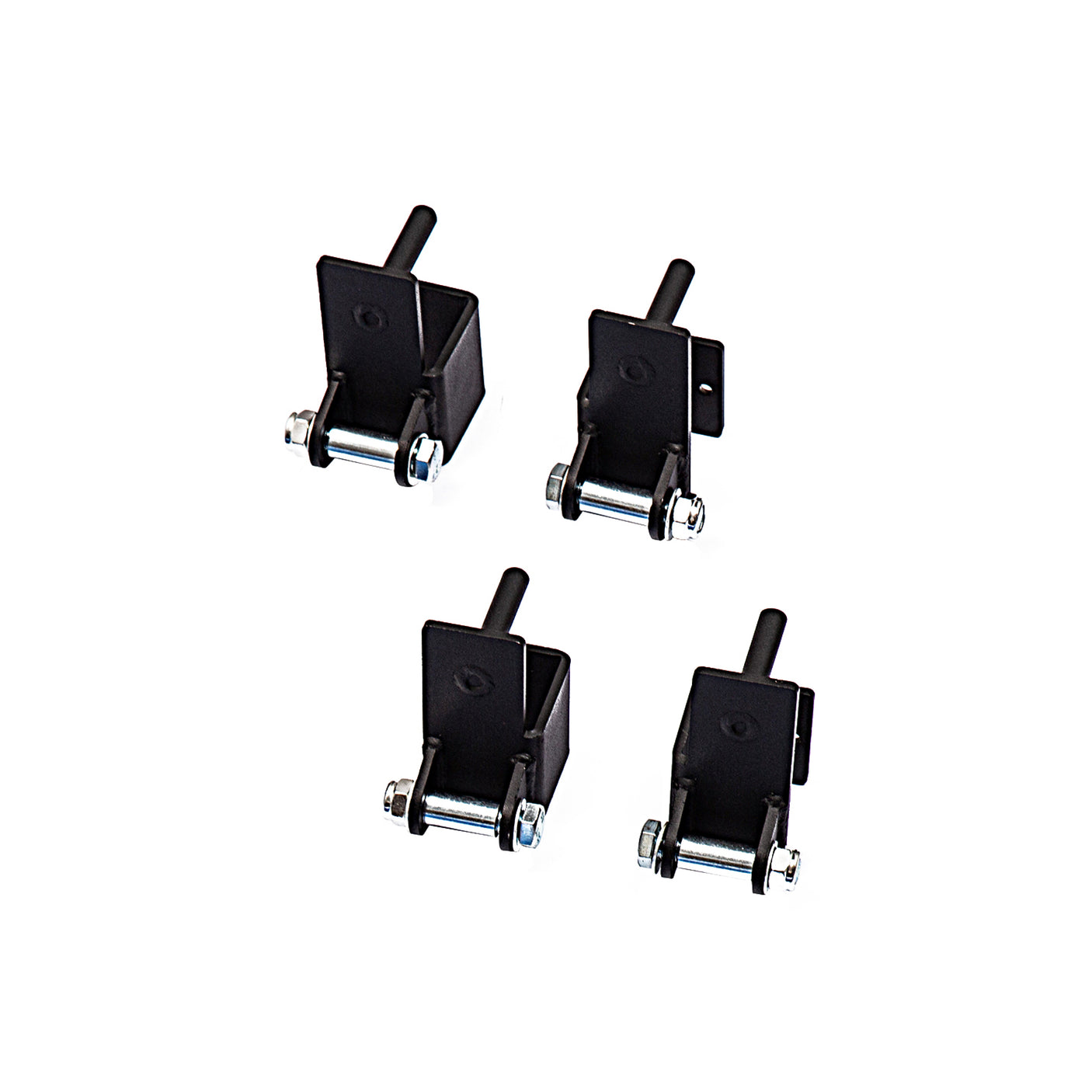 Four Bells of Steel Safety Strap Connectors—black metal brackets with bolts and cylindrical pins—are arranged on a white background, designed for power rack training safety.