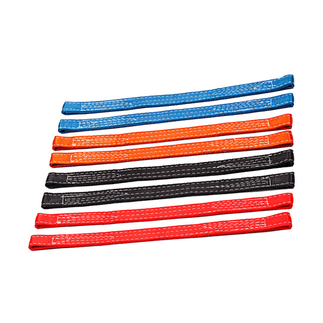 Eight Bells of Steel Safety Straps for 2.3" x 2.3" racks in blue, orange, black, and red are laid out parallel to each other on a white background—essential for protection and safety.