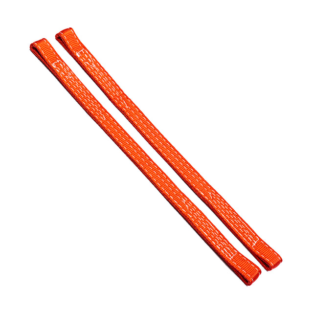 Two orange nylon Safety Straps for 2.3" x 2.3" racks by Bells of Steel, featuring reinforced stitching, lie side by side on a white background, resembling those used for added protection in power racks.