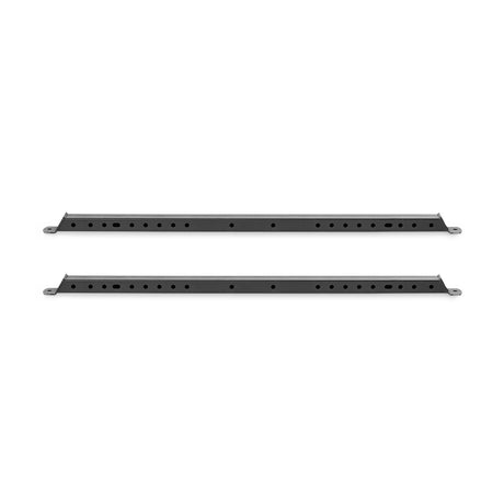 Against a white backdrop, two black Hydra Flat Foot Components by Bells of Steel are positioned horizontally, each featuring evenly spaced holes for rack or shelving system mounting.