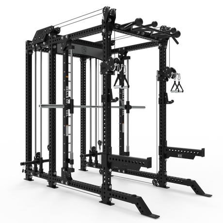 The Bells of Steel USA Smith Machine Rack - 6-Post with Kraken (Manticore, 3"x3", 1" Holes) is a black, multi-functional gym machine with Smith Machine features, attachments, pull-up bars, cables, handles & weight storage for home strength training.