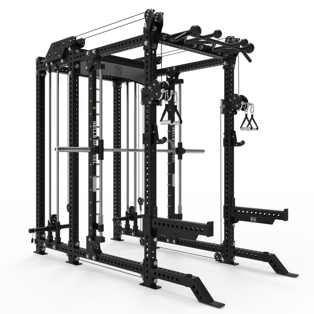 The Bells of Steel USA Smith Machine Rack - 6-Post with Kraken (Manticore, 3"x3", 1" Holes) is a black, multi-functional gym machine with Smith Machine features, attachments, pull-up bars, cables, handles & weight storage for home strength training.