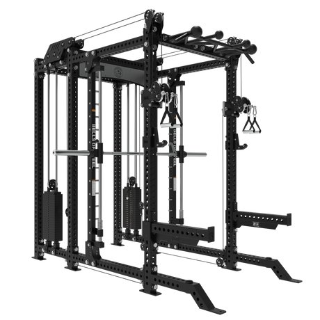 The Bells of Steel USA Smith Machine Rack - 6-Post with Kraken - Manticore (3"x3", 1" holes) is a black multifunctional power rack featuring a Smith Machine, cables, pulleys, pull-up bars, weight stacks, and barbell for versatile strength training.
