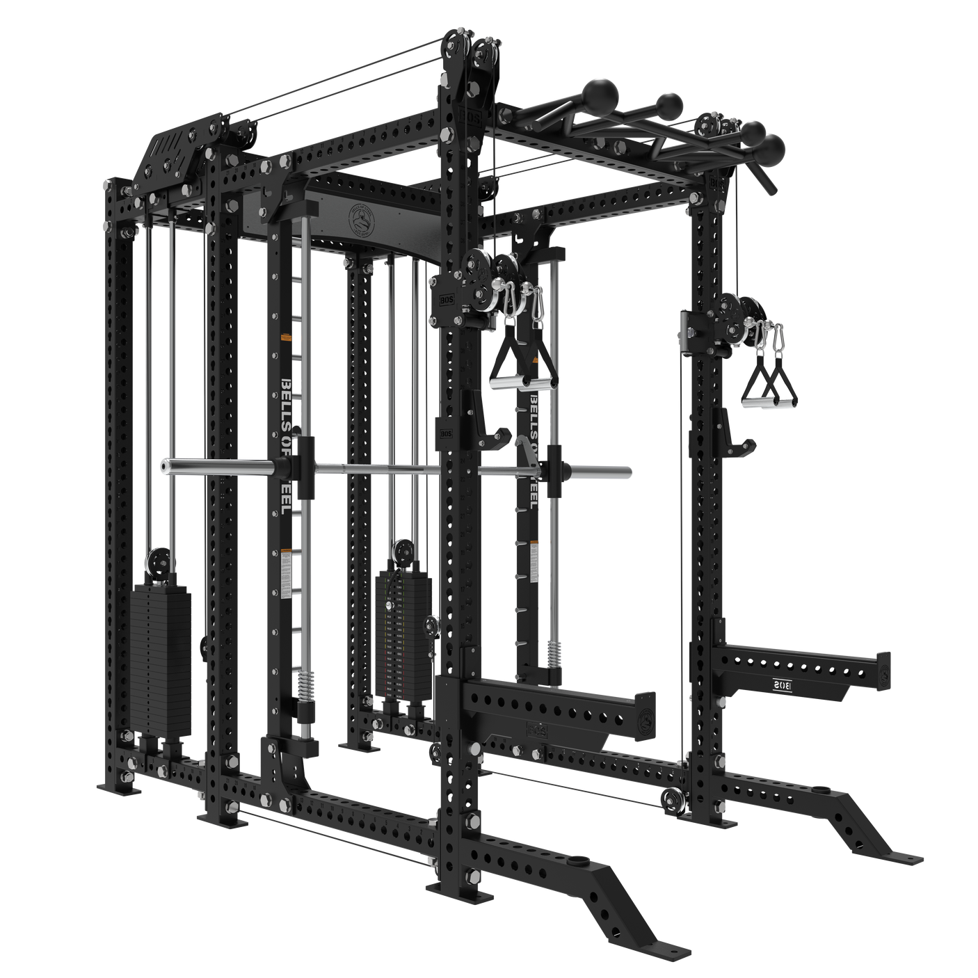 The Bells of Steel USA Smith Machine Rack - 6-Post with Kraken - Manticore (3"x3", 1" holes) is a black multifunctional power rack featuring a Smith Machine, cables, pulleys, pull-up bars, weight stacks, and barbell for versatile strength training.