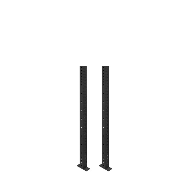 Two black Hydra Vertical Uprights by Bells of Steel, featuring evenly spaced holes and rectangular bases, stand against a plain white background.