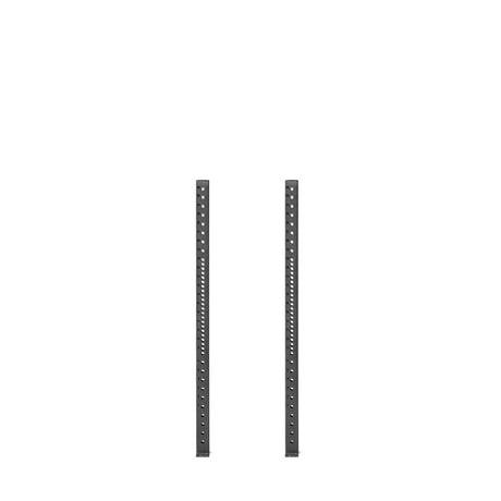 Against a white background, two vertical black metal uprights from the Bells of Steel Hydra Vertical Uprights system feature multiple evenly spaced holes along their lengths, indicating compatibility with adjustable shelving or various rack attachments.