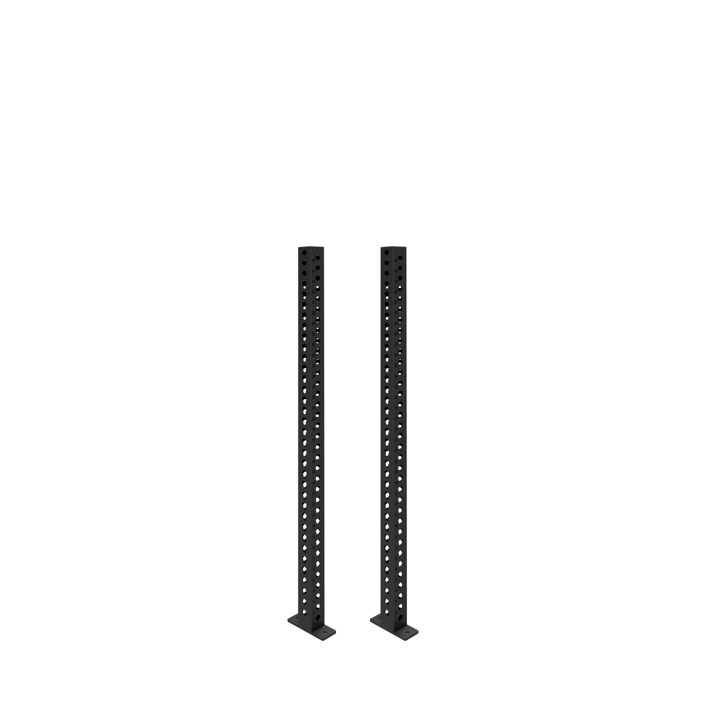 The Bells of Steel Manticore Vertical Uprights are two black 3x3 inch metal power rack posts with evenly spaced holes, standing on flat bases and ready for use with various attachments against a white background.