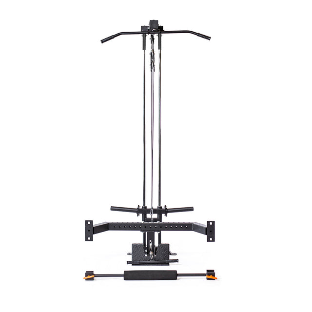 The Bells of Steel Lat Pulldown & Low Row Rack Attachment – Hydra & Manticore features black vertical bars, a pull-up bar, padded seat, adjustable handles, and aluminum pulleys. Shown with Olympic Plate compatibility against a white background.