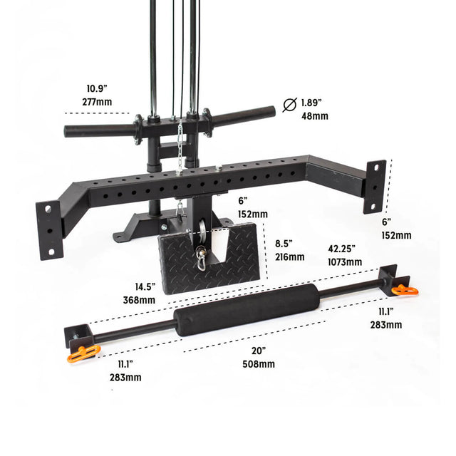 The Bells of Steel Lat Pulldown & Low Row Rack Attachment – Hydra & Manticore is a sturdy, adjustable metal gym accessory with multiple grip bars and labeled measurements, perfect for enhancing cable exercises and strength training.