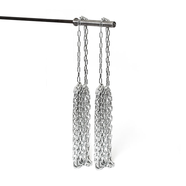 Bells of Steel Weightlifting Chain Sets feature two thick zinc-plated chains hanging from a horizontal bar, each secured with a hook, shown against a plain white background.