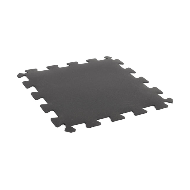The Bells of Steel 24" x 24" Puzzle Mats (Set of 8) feature interlocking black tiles, perfect for gym flooring or combining with other recycled rubber mats.