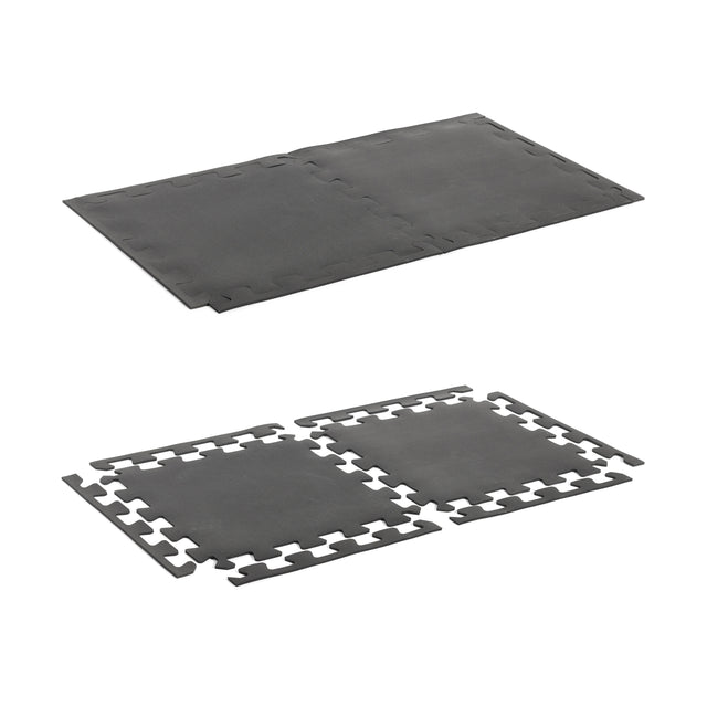 The image shows two sets of Bells of Steel 24" x 24" Puzzle Mats (Set of 8); the top set is connected, and the bottom set is separated to highlight the interlocking edges. These mats are perfect for gym flooring and are displayed on a white background.