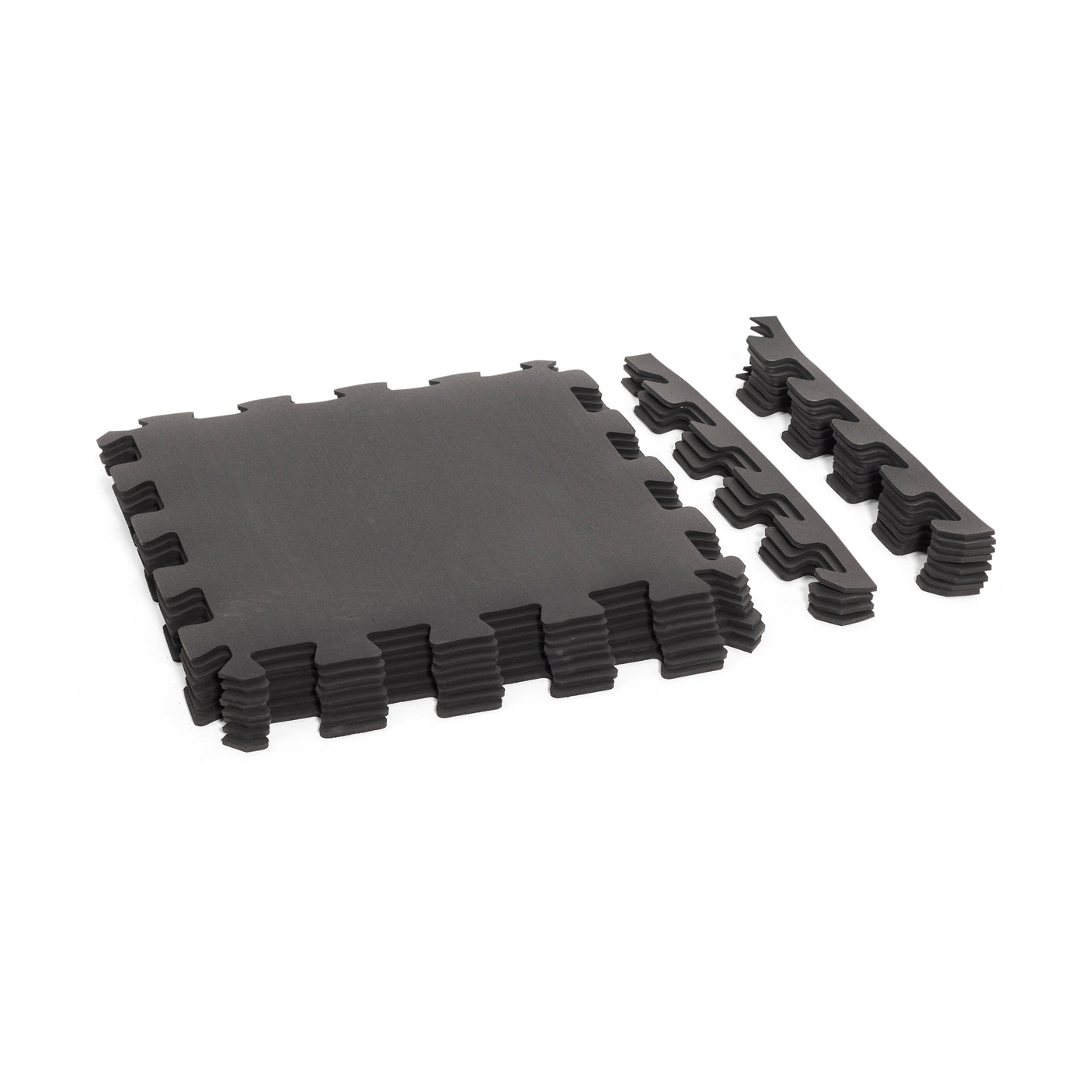 The Bells of Steel 24" x 24" Puzzle Mats (Set of 8) are black interlocking foam mats with puzzle edges, shown stacked and partially assembled—perfect for gym flooring.