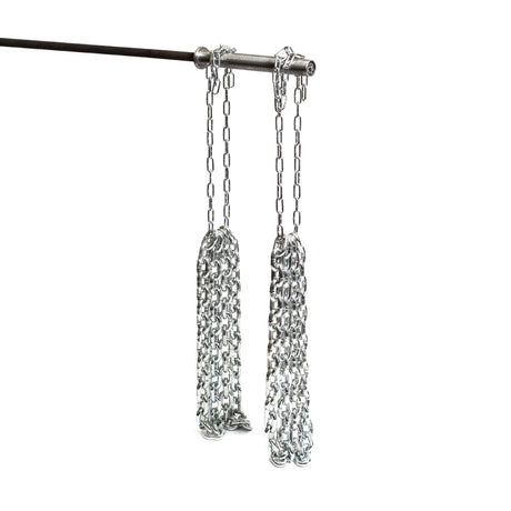 Two rust-resistant Bells of Steel Weightlifting Chain Sets hang from a horizontal metal rod against a white background. These thick chains, gathered at the top, offer progressive resistance as they hang downward.