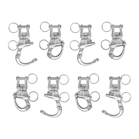 Eight Swivel Shackles from Bells of Steel USA, resembling mini shackles, are displayed in two rows on a white background. Each stainless steel clip features a spring-loaded clasp and circular ring, ideal for attaching accessories to your gym's cable machine setup.