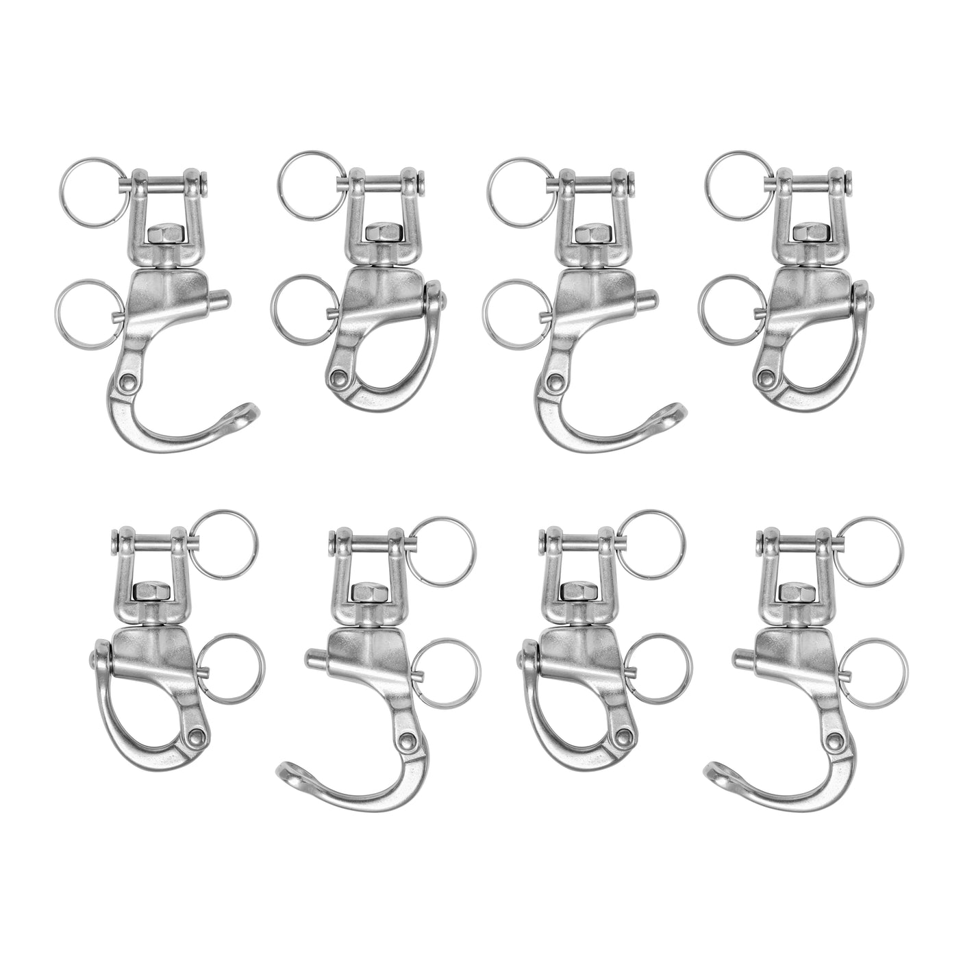 Eight Swivel Shackles from Bells of Steel USA, resembling mini shackles, are displayed in two rows on a white background. Each stainless steel clip features a spring-loaded clasp and circular ring, ideal for attaching accessories to your gym's cable machine setup.