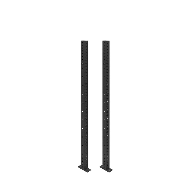 Two black Hydra Vertical Uprights by Bells of Steel, each mounted on a flat base, feature multiple holes and stand upright on a white background.
