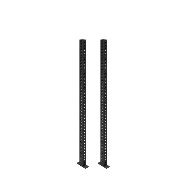 Two tall Bells of Steel Manticore Vertical Uprights, each featuring 3x3 inch black metal construction with evenly spaced holes, stand side by side on flat bases, isolated on a white background.
