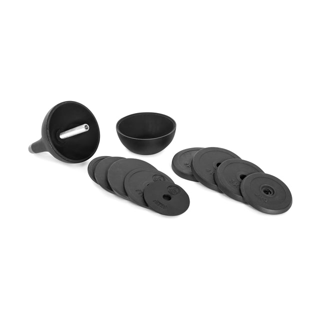 A barbell weight set on a white backdrop features black plates in assorted sizes and a partly visible bar. Also included is the Bells of Steel Adjustable Competition Kettlebell for smooth weight changes, along with a black bowl-shaped accessory.