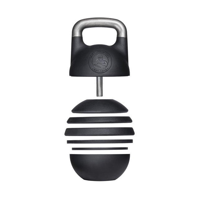 The Bells of Steel Adjustable Competition Kettlebell features a black and silver, stackable design with removable rounded weight plates and an attached handle, offering versatile workout options.