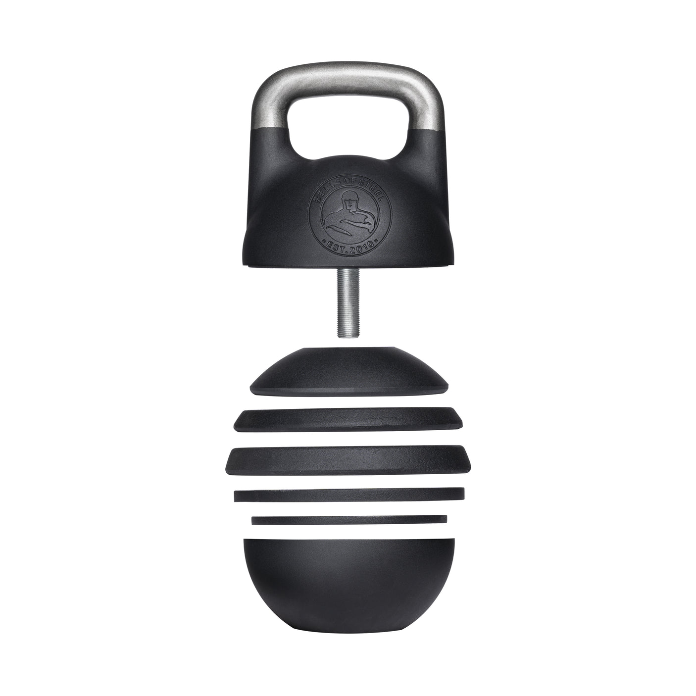The Bells of Steel Adjustable Competition Kettlebell features a metal handle and segmented black body for versatile training. Its customizable weight increments allow tailored workouts, while the logo adds a sleek, modern aesthetic.