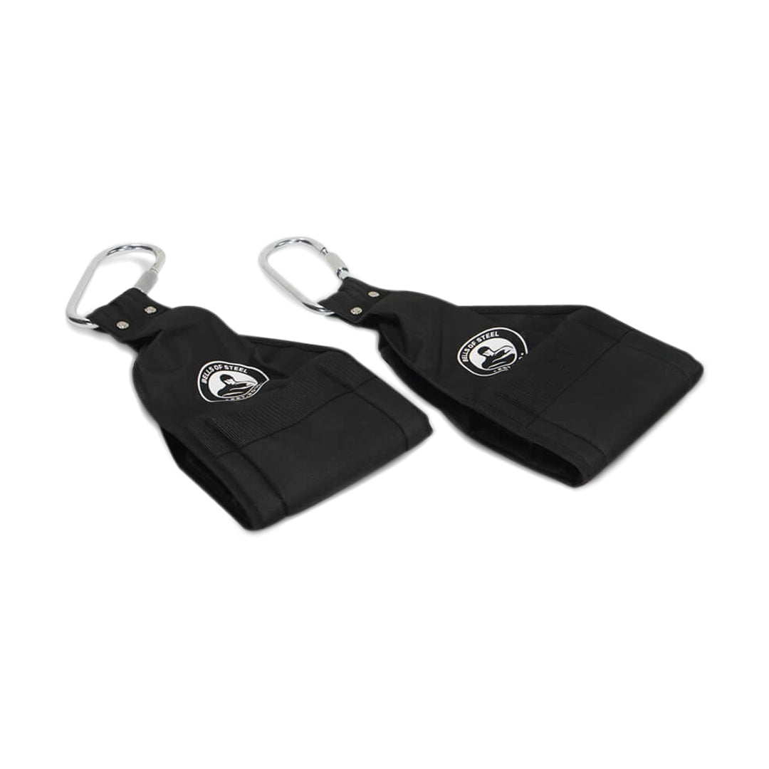 A pair of Bells of Steel Hanging Ab Straps (Pair) in black, featuring metal carabiner clips and a logo patch for arm support during core workouts, shown against a white background.