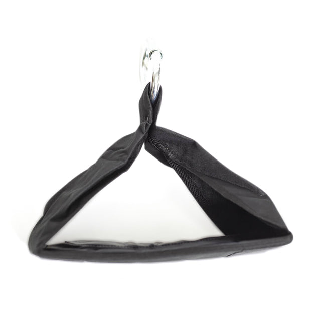 The Bells of Steel Hanging Ab Straps (Pair) feature black fabric handles with reinforced edges, a triangular design, and silver metal rings for attachment—perfect for core workouts or arm support. Shown against a white background.