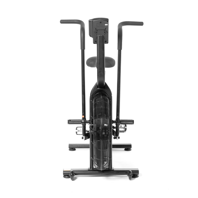 A black Bells of Steel Residential Air Bike with Wind Guard features dual handlebars, a central seat, and a large fan for resistance. Perfect for full-body workouts, it enhances your home gym with versatile indoor fitness options.