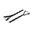 A pair of black adjustable straps with padded gym handles, multiple metal D-rings, and "Bells of Steel" branding, positioned parallel on a white background. The Aluminum Handles Pair is perfect for cable machine workouts.
