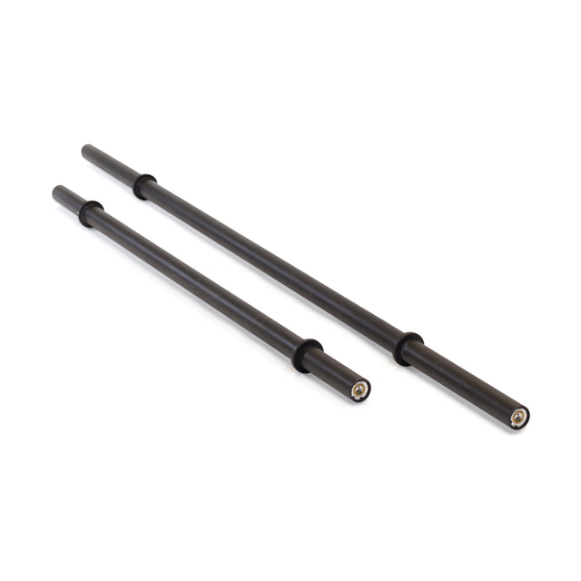 Two black, metal Bells of Steel Axle Bars with collars are shown parallel on a white background—ideal for building grip strength and taking your strongman workouts to the next level.